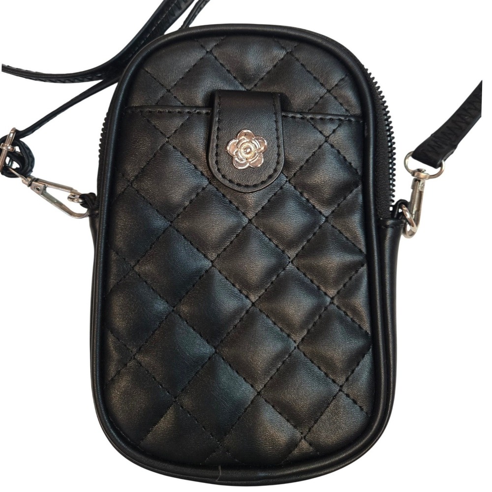 Black Quilted Crossbody Phone Bag Silver Camellia Flower Accent Zip Pouch
